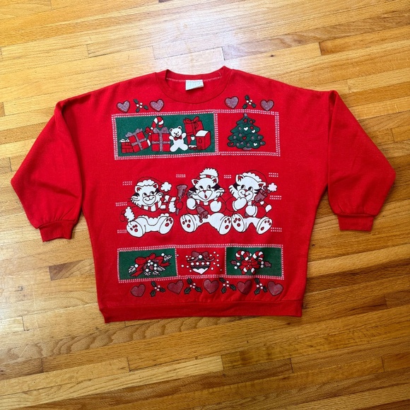 Adorable Vintage Red Christmas Cats & Presents Sweatshirt - Picture 2 of 7